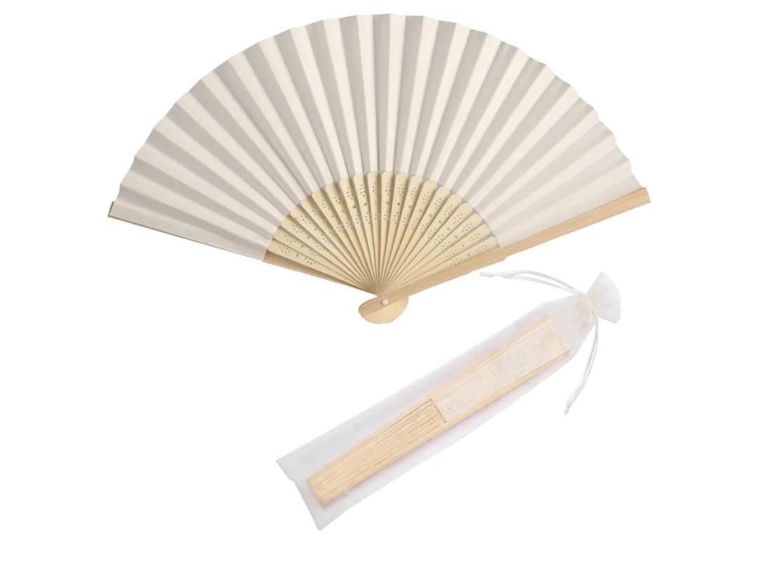 50pcs Paper Hand Fan with Organza Bags Bamboo Handheld Folding Fans DIY Decorative Wedding Party Favors (Cream)