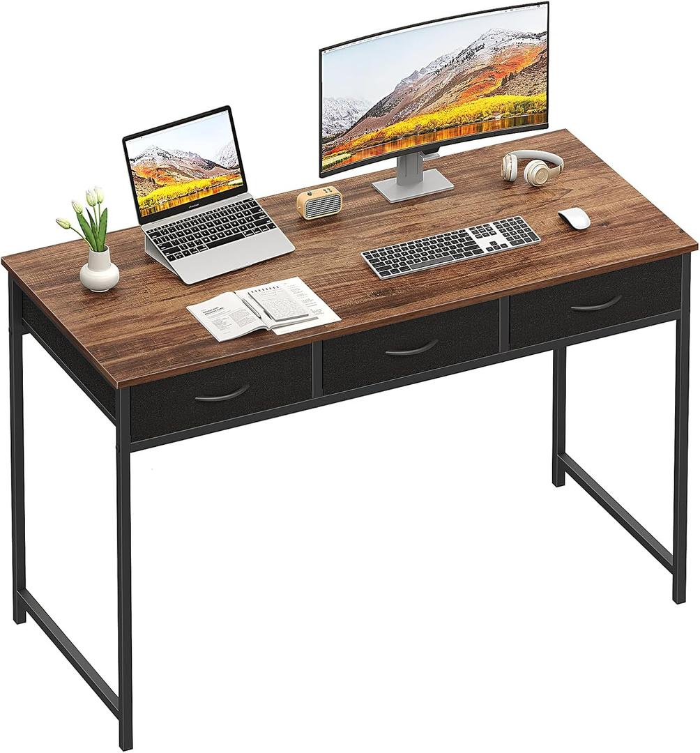 WOHOMO Computer Desk with 3 Drawers, 47.2 Inch Bedroom Desk with Storage, Home Office Desk for Room Spaces, Modern Work Writing Study Tables, Rustic, Brown