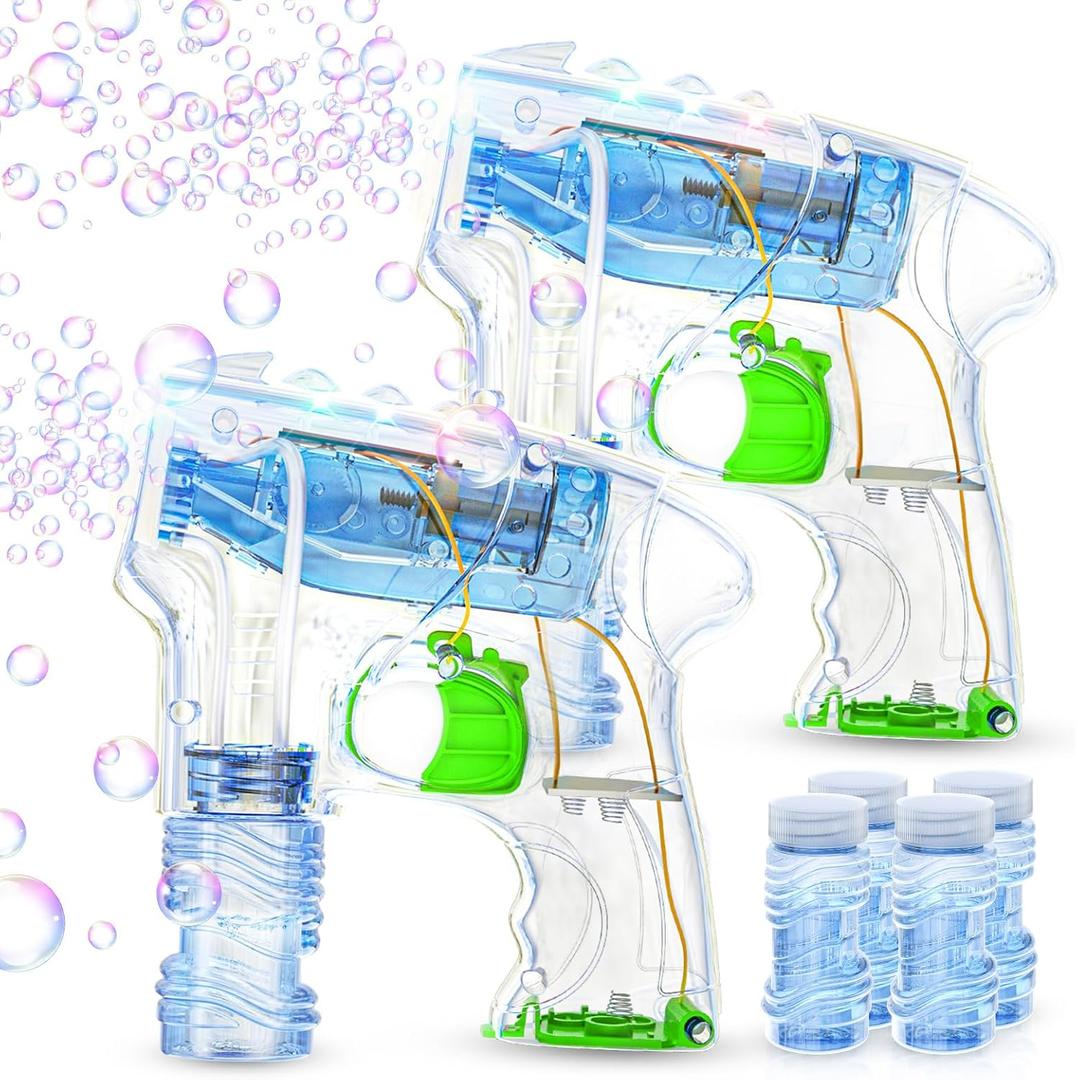 Kid Odyssey 2 Pack Bubble Gun with 4 Refill Solution and 3 Colorful LED Light, Bubble Machine for Kids, Bubble Maker for Party Favors, Birthday Gift, Indoor Outdoor Toys for Toddlers (Green)