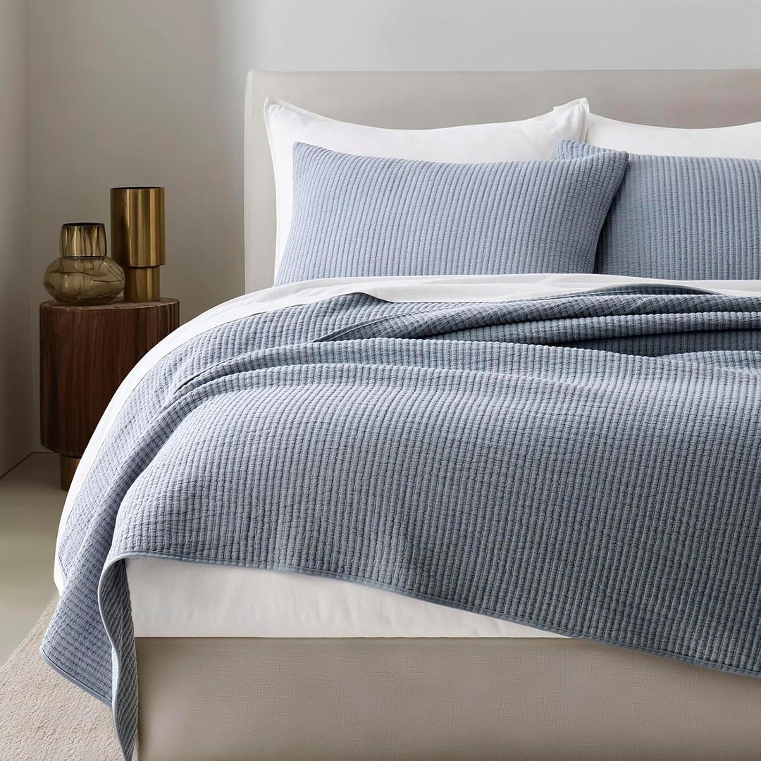 EVERGRACEHOME Cotton Coverlet Set King Size 3 Pieces, Lightweight Soft Ribbed Matelass Bedspread Quilt Set, Cozy Oversized Quilted Bedding Set with 2 Pillow Shams for All Seasons, Blue Linen