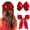 2 Pcs Red Velvet Hair Bows Rose Peal Tassel Hair Clips Fluffy Tassel Bow Ponytail Hair Barrettes Long Ribbon Long Tail Slides Metal Clips Hair Accessories for Birthday Wedding Valnetine Day