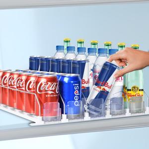 Drink Organizer For Fridge - Fridge Organizers Self Pushing Drink Dispenser, Drink Dispenser for Fridge w/Smooth Spring & Conveyor Belt, Adjustable 6 Can & Can Organizer for Refrigerator, 17.3"D