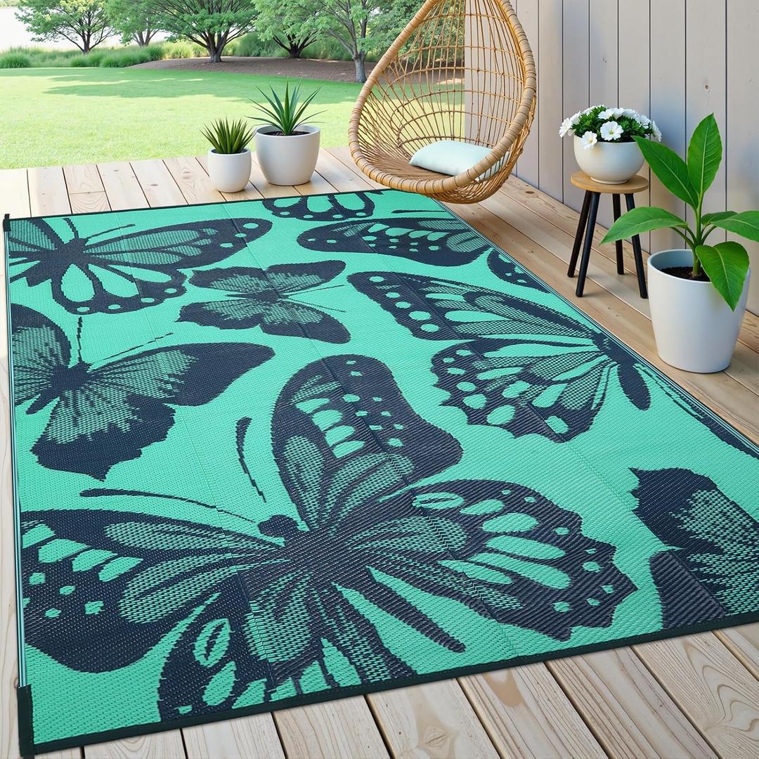 Uphome Outdoor Rug Waterproof 8x10 ft, Patio Plastic Straw Rugs for RV Camping, Reversible Mat Outside, Indoor Outdoor Large Floor Carpet for Back Yard Deck Balcony Porch Beach Picnic, Teal