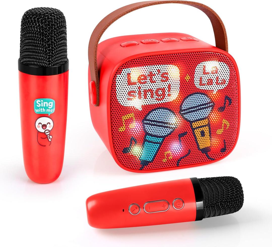 EFAILY Karaoke Machine for Kids, Portable Bluetooth Mini Karaoke,with 2 Wireless Microphones,Support TF/AUX Input/Funny Magic Voice for All Smartphones,Birthday, Family,Home Party (RED)