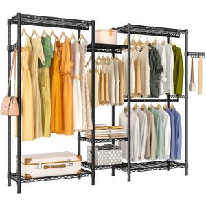 Exglobol Heavy Duty Garment Rack, Portable Wardrobe Clothes Rack Freestanding Adjustable Clothing Rack with 7 Tiers Adjustable Wire Shelving and 4 Hanger Rods, Max Load 920LBS, Black