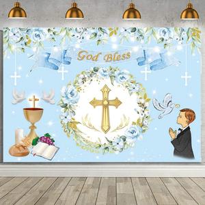 7x5ft God Bless Baptism Backdrop Christening Party First Holy Communion Background Gold Glitter Chalice Doves Holy Blue Baptism Gold Bless Newborn Baby Shower Banner Photo Booth Props