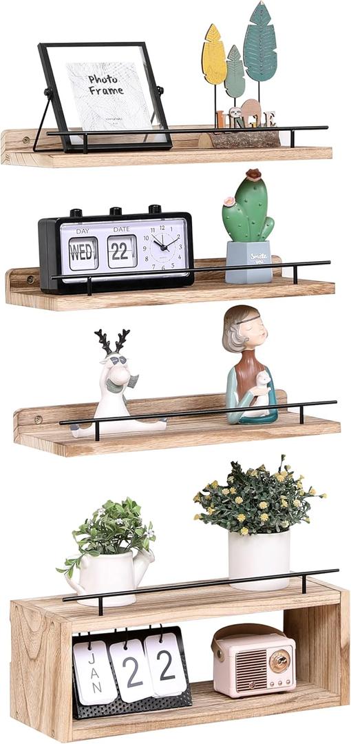 WONFUlity Bathroom Shelves Floating with Over Toilet Paper Holder, Farmhouse Wood Shelves for Living Room, Bedroom, Kitchen, Wall Decor (4 Natural) (set of 4, Light Brown)