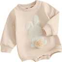 MOBJVIY Toddler Baby Girl Clothes Cute Bunny Embroidery Long Sleeve Sweatshirt Romper Newborn Girl Boy Easter Outfit (Khaki, 12-18 Months)