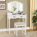 Simple Vanity Set with Tri-Folding Mirror Drawers and Storage Shelf, White
