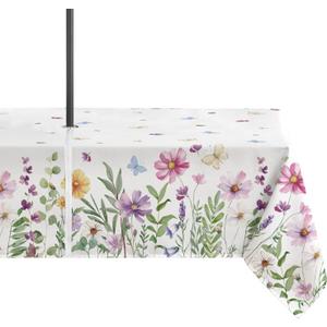 Horaldaily Spring Summer Outdoor Tablecloth 6084 Inch, Watercolor Wild Flowers Butterfly Seasonal Table Cover with Zipper Umbrella Hole for Party Dinner Patio Garden Picnic BBQ (White)