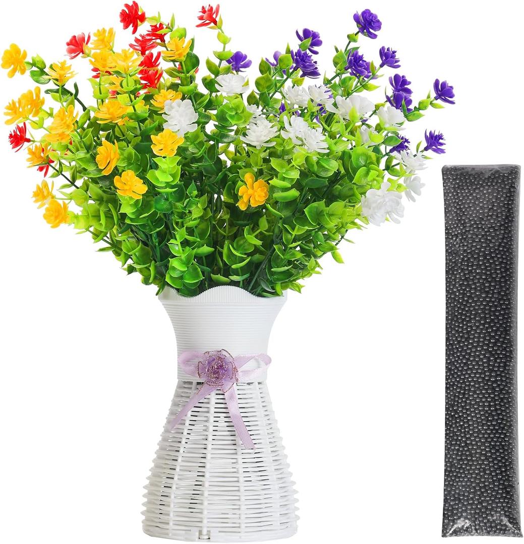 4PCS Faux Flowers (Red/Yellow/White/Purple) No Fade Artificial Shrubs Fake Plants Greenery, Plastic Woven Rattan Vase and Odor Absorber Beads Set for Home Decor Air Purifying