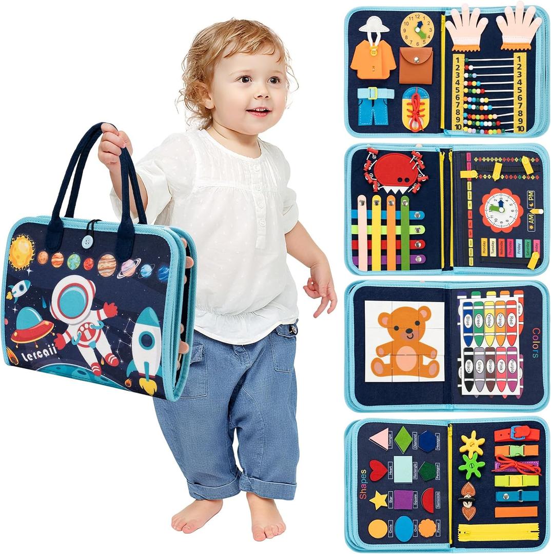 Montessori Busy Board Book for Toddlers, Sensory Activity Educational Toy for Fine Motor Skills & Learning, Quiet Travel Essentials for Airplane & Car, Birthday Gift for Boys & Girls (Blue)