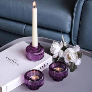 Woho Purple Candlestick Holders Set of 4 for Halloween Decorations, Ribbed Glass Taper Candle Holders for Thanksgiving/Christmas, Vintage Candle Sticks Holder Decor for Fall Wedding Table Centerpiece