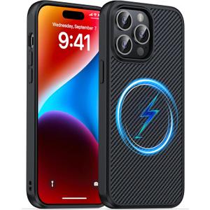 2 x Magnetic for iPhone 14 Pro Max Case, Anti-Scratch Carbon Fiber Texture-Compatible with MagSafe - Military Grade Drop Protection - Slim Shockproof Phone Cover 6.7", Black