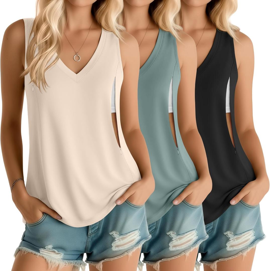 Ficerd 3 Pack Women's Nursing Tank Tops Breastfeeding Summer Hidden Zippers V Neck Sleeveless Shirts Loose Maternity Clothes(Large, Black, Dusty Green, Apricot)
