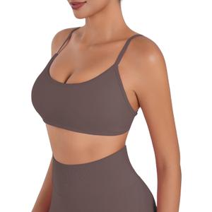 Sunzel Women's Open Back Sports Bra Adjustable Spaghetti Strap Seamless Low Impact Workout Gym Yoga Bra with Removable Pads (Brown, L)