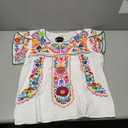 Mexican Floral Embroidered Cotton Blouse Shirts Traditional Summer Tunic Crew Neck Fiesta Style (M, E633W) White