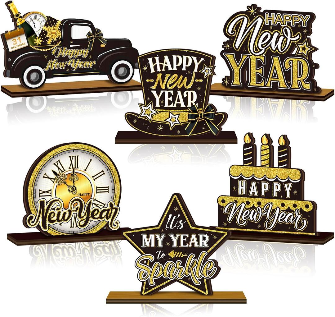 6 Pcs Happy New Year Wooden Decorations Rustic Wood Happy New Year Table Sign Black Gold 2026 Farmhouse Table Centerpiece for Office Desk Home Kitchen Shelves Tray Decor