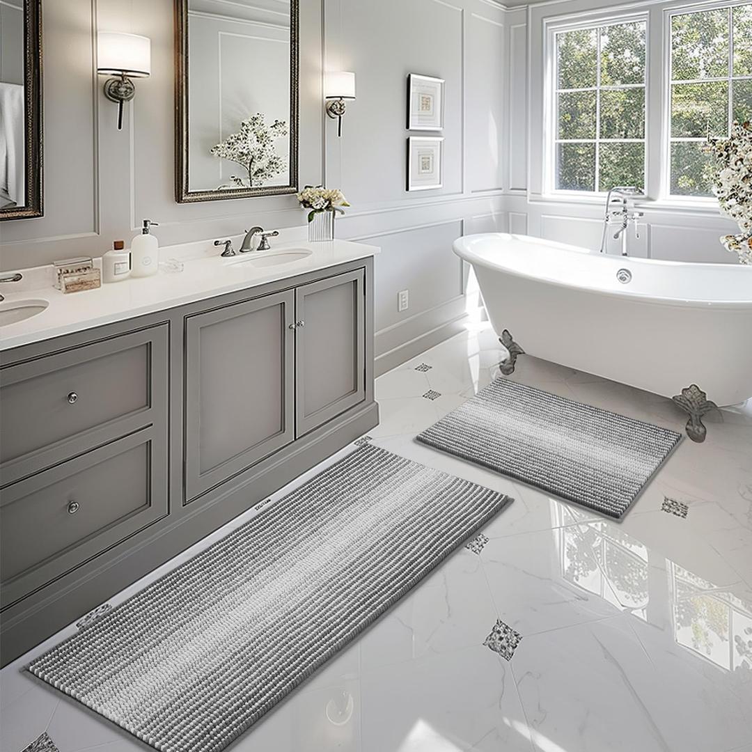 BSICPRO Bathroom Rugs and Mats Sets, 2 Piece Thick Absorbent Chenille Bath Mat Rug Set Non Slip, Soft Shaggy Bath Room Floor Mats for Bathroom, Machine Washable (Gray, 20" x 60" Plus 20" x 32") (Grey)