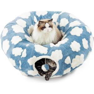 Tunnels Indoors,Tunnel-Interactive Cave Hideout Foldable Indoor Toys,Tunnel Bed,cat beds for Indoor Cats with Hanging Ball for for Small Medium Large Cat, Puppy, Rabbit ect. (Blue)