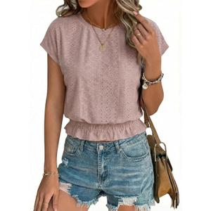Elastic Waist Eyelet Tops for Women Summer Smocked Crewneck Short Sleeve Tee Crop Casual Plain T Shirts for Vocation Work (Pink, L)