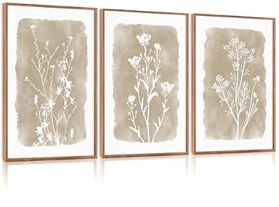 CHDITB Neutral Botanical Wall Art, Large Frame Farmhouse Begie Flower Decor, 3 Pieces