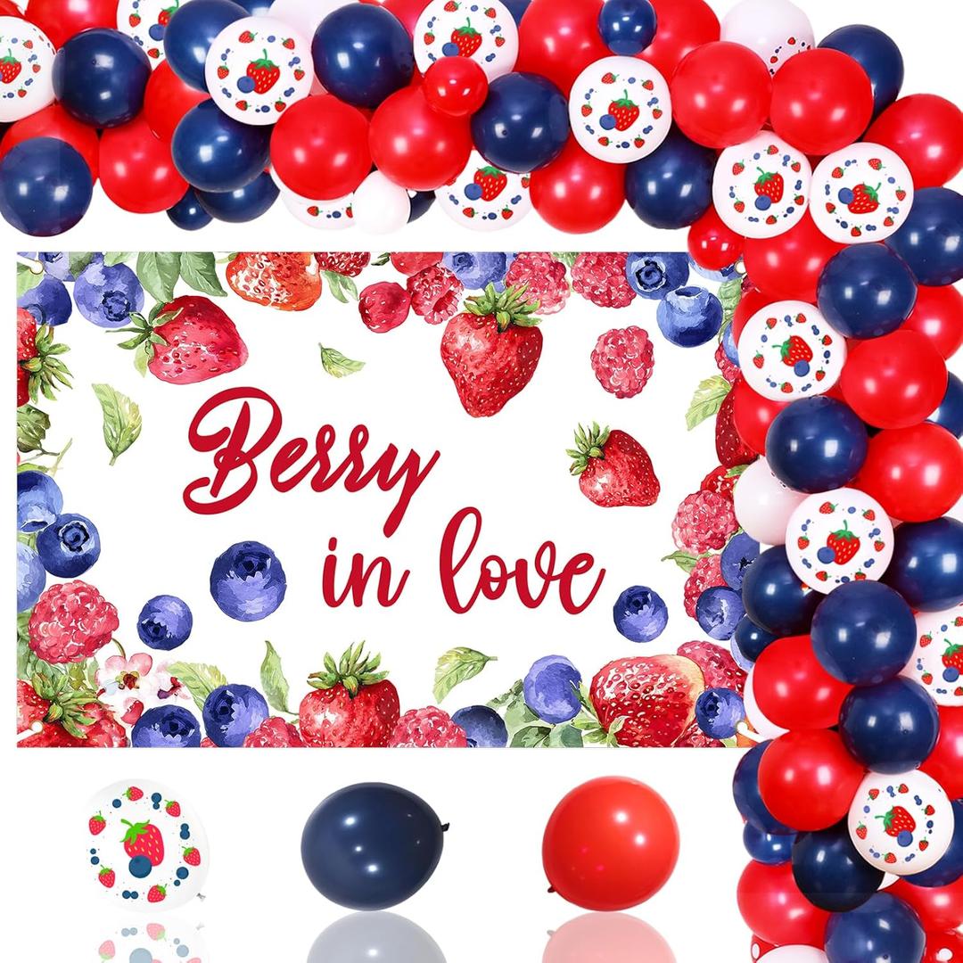 Berry in Love Bridal Shower Decorations Blueberry Strawberry Backdrop Blue Red Balloon Garland Arch Kit for Women Berry Theme Bridal Shower Wedding Engagement Bachelorette Party Decor Supplies 5x3ft