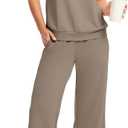 WIHOLL Two Piece Set for Women Summer Outfits Vacation Lounge Sets Round Neck Matching Sets Wide Leg Crop Pants (Beige, XL)