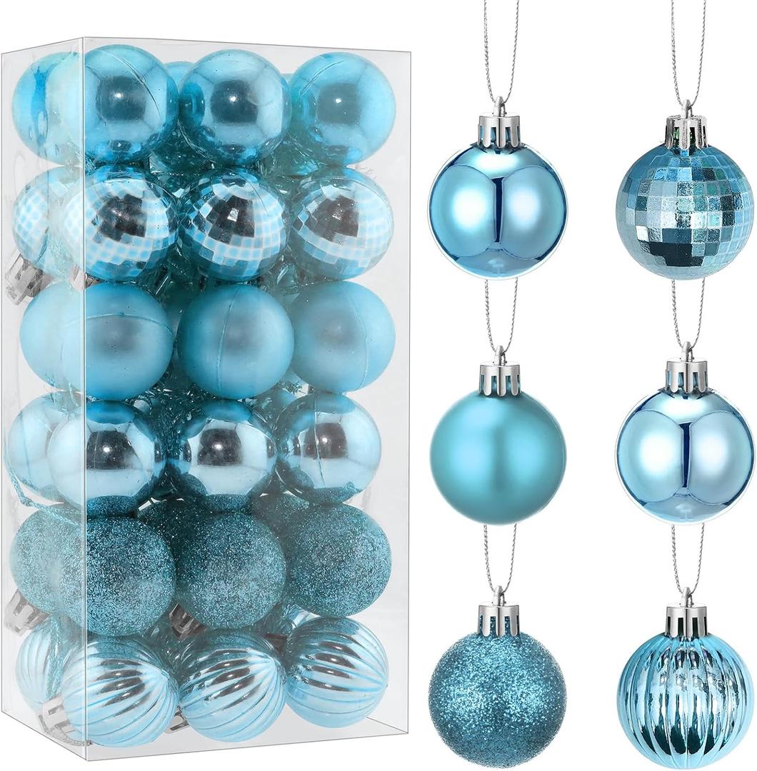 36 Pieces Christmas Mini Balls Ornaments Shatterproof Glitter Balls Xmas Tree Miniature Hanging Decorations for Christmas Tree Decoration (Lake Blue)