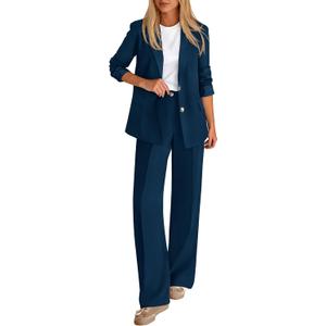 KIRUNDO Womens Suits 2 Piece Set Business Casual Blazer Jacket Wide Leg Dress Pants Suits Professional Work Office Outfits(Navy, Small)