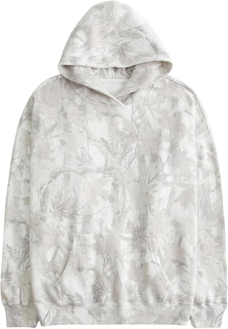 Women Camo Hoodies Maple Leaf Oversized Fleece Hooded Sweatshirt Loose Long Sleeve Pullover Top with Pocket Couple (White, S)