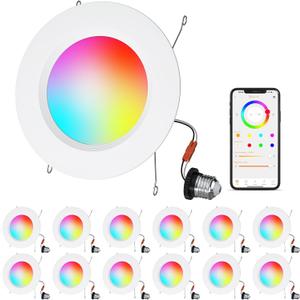 HYDONG Smart LED Can Lights, 12Pack Retrofit LED Recessed Lighting, 5/ 6inch 13W 1050LM RGB Color Changing Downlight, Compatible with Alexa, Bluetooth APP Control, for Bedroom Kitchen Living Room