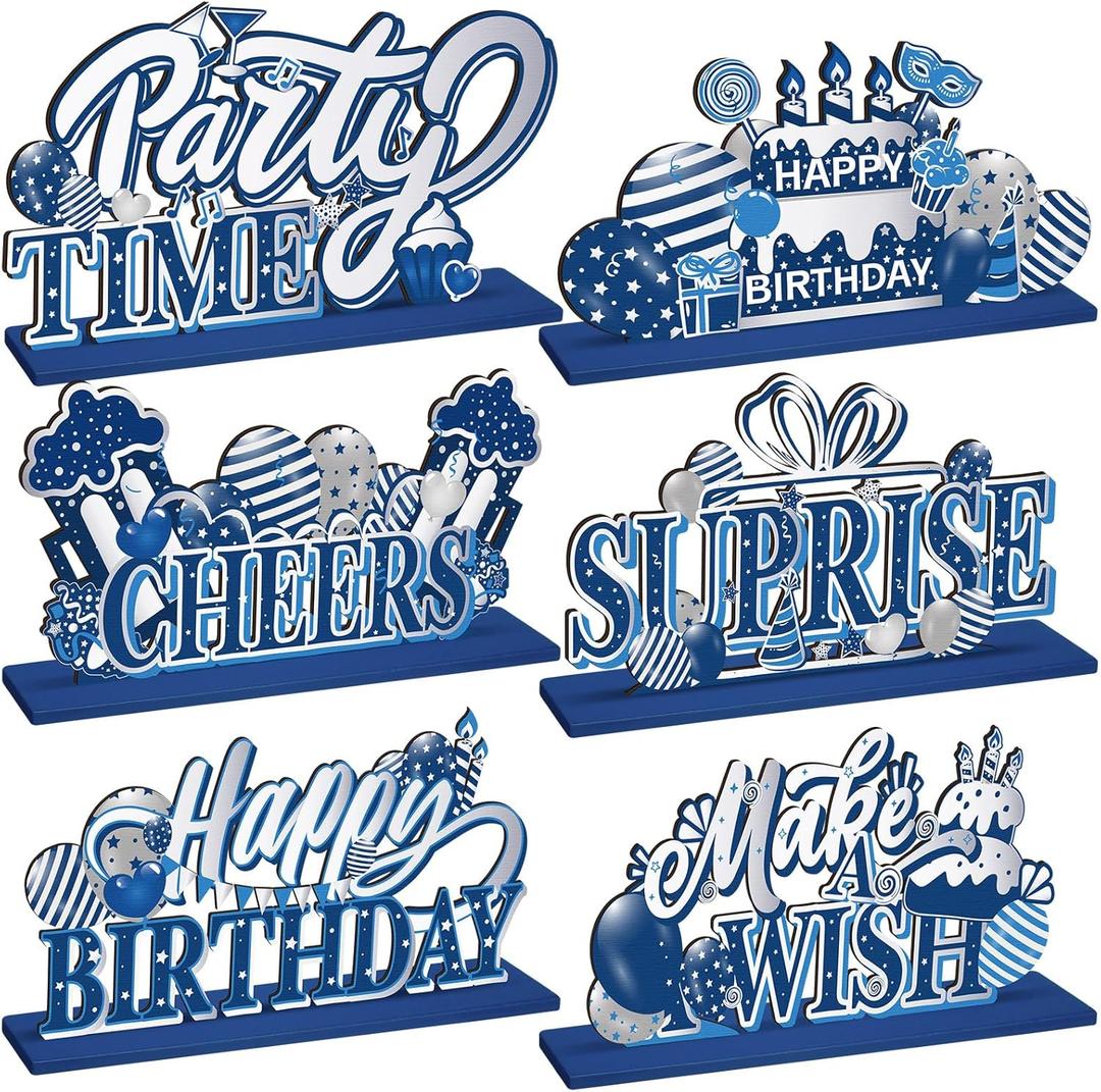 Hoolerry 6 Pcs Happy Birthday Party Decorations Table Decor Birthday Table Topper Centerpieces Set Blue and Silver Wooden Centerpieces for Living Room Kitchen Party Supplies