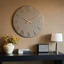 Oversized Modern Wall Clock - 30 inch, Contemporary Simple, Cement Gray, Gold Roman Numerals, Metal Face, Battery Operated, Minimalist Decorative Wall Clock for Living Room, Entryway, Kitchen, Office