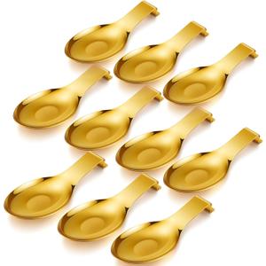 Nuanchu 10 Pcs Stainless Steel Spoon Rest Spatula Ladle Holder Spoon for Stove Top Heavy Duty Spatula Holder for Countertop Dishwasher Safe Utensil Rest for Kitchen, 3.8 x 9.6" (Gold)