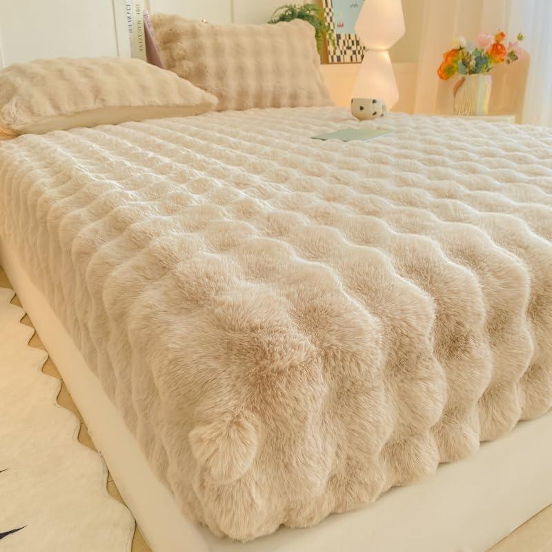 Solid Plush Shaggy Fluffy Plain Fitted Sheet,Comfy Warm Fuzzy Mattress Protector for Fall Winter Spring with All-Round Strong Elastic, Size Twin