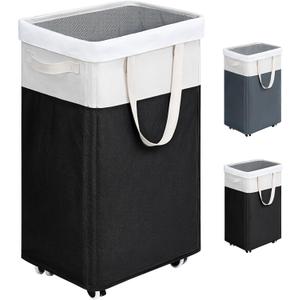 Goodpick Rolling Laundry Hamper with Wheels 75L, Black Laundry Hamper for Dirty Clothes, Collapsible Laundry Basket with Removable Wash, Black Laundry Basket with Wheels (Black & White)