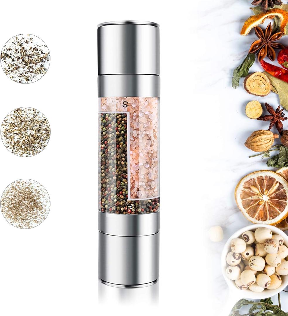 Mixoo Salt and Pepper Grinder - 2 in 1 Manual Stainless Steel Salt Pepper Mill Herb Spice Grinder Shakers Refillable with Adjustable Coarseness Ceramic Rotor and Dual Clear Acrylic Chamber