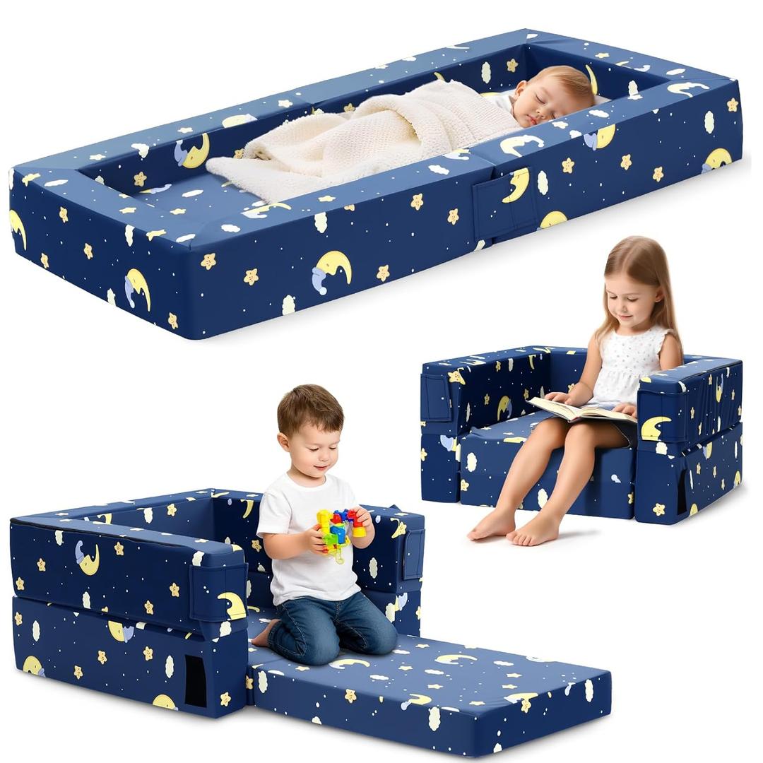 FRUITEAM Toddler Travel Bed, 3-in-1 Portable Kids Sleeper with Moon Star Cloud Print for Camping & Indoor/Outdoor Use | Flip-Open Design with High-Density Foam & Machine Washable Cover - Blue