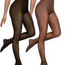 Womens 2 Pack Fleece Lined Tights Fake Translucent Pantyhose Thermal Opaque High Waisted Leggings Footed Sheer Tights L