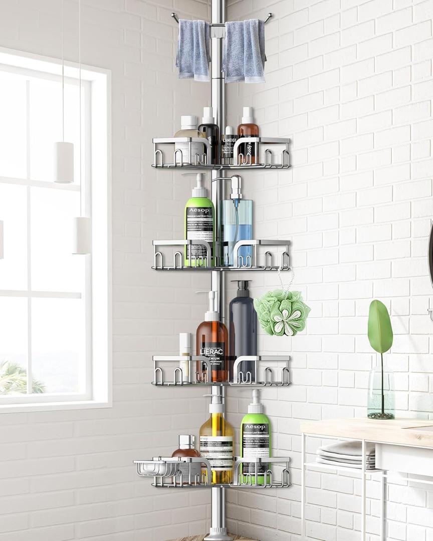 Corner Shower Caddy Tension Pole 4 Tier Adjustable Stainless Steel Shower Shelf for Inside Shower Bathtub Shampoo,Standing Bathroom Organizer Shelves with 39 to 113 inch Height