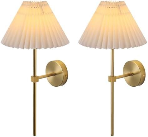 KELUOLY Wall Sconces Sets of 2 White Fabric lampshade Gold Wall Lamp Column Bracket Wall Lighting Bathroom Dresser Hardwired lamp Applicable to Living Room Bedroom Dining Room