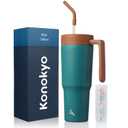 Insulated Tumbler with Handle and Straw,40 OZ Vacuum Stainless Steel Water Bottle Travel Mug Metal Cup with Fruit Diffuser,Lake Blue