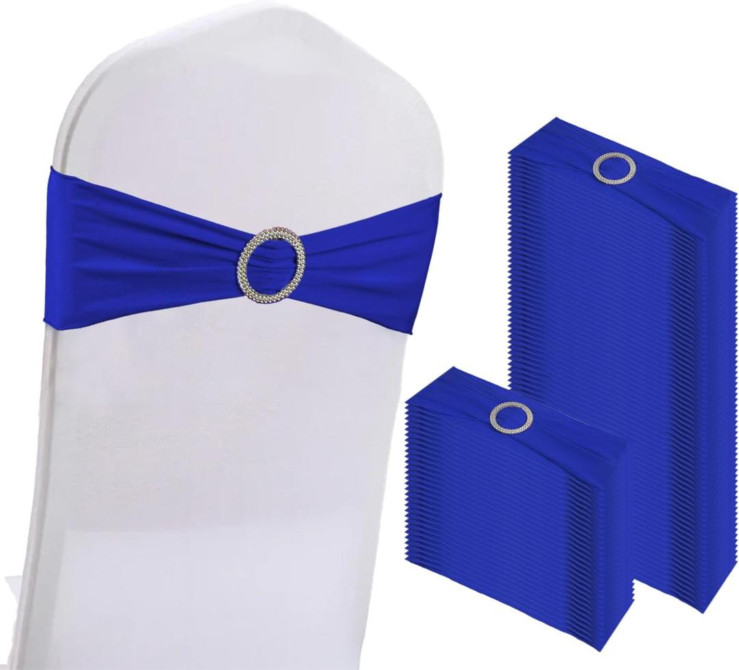 WJWHQ 100PCS Spandex Stretch Chair Sashes Bows Elastic Chair Cover Bands Ties with Buckle Slider for Wedding Party Reception Events Universal Ceremony Banquet Decorations(Royal Blue)