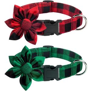 Malier 2 Pack Christmas Dog Collar with Flower, Classic Buffalo Plaid Dog Christmas Collar with Durable Buckle Pet Collars for Small Medium Large Dogs Cats Pets (Plaid Green & Red, Medium)