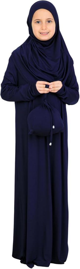 Prien Kids Muslim Prayer Dress With Hijab & Pouch, Soft Viscose Abaya For Girls, Islamic Clothes, Robe For Eid, Ramadan (Blue, Standard 8 - 12Y)