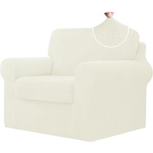 CHUN YI 3 Piece Armchair Cover, Stretch 1 Seater Couch Cover with 1 Separate Backrest and Cushion with Elastic Band, Sofa Slipcover Spandex Jacquard Fabric (Small, Ivory White)