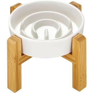 Ceramic Slow Feeder Dog Bowls Elevated, 0.6 Cup Slow Feeder for Small Dogs and Cats, Puzzle Maze Bowl, Prevents Choking, 6in, White