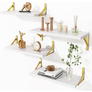 YGEOMER 4 Different Sizes Floating Shelves for Wall Decor, White and Gold
Rustic wood shelves in mixed sizes for flexible combined storage. Fits bathroom, kitchen, living room, bedroom and office.