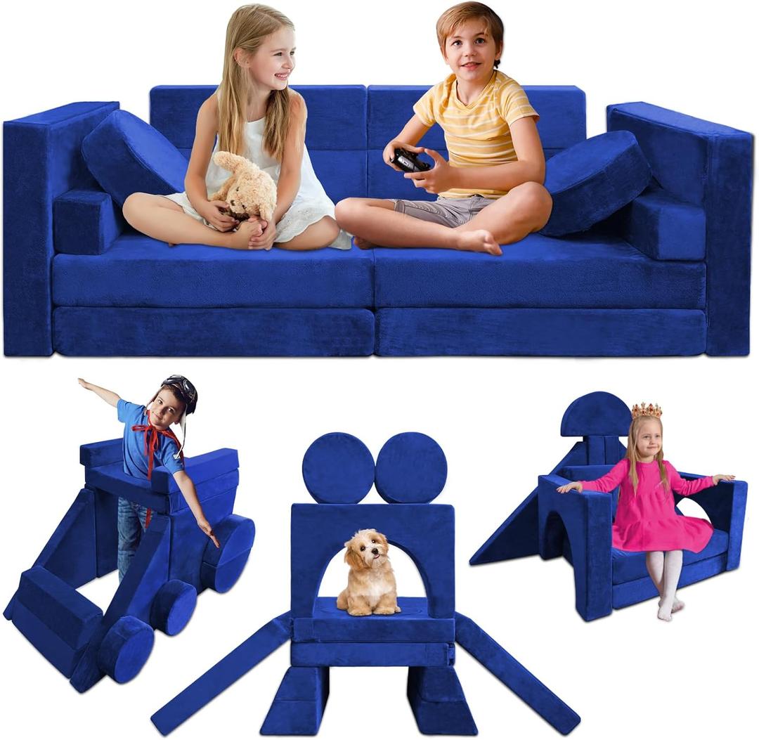 Kayfia 18PCS Modular Kids Play Couch, Kids Couch Building Fort for Playroom and Bedroom Furniture for Toddlers, Unlimited Creativity Sofa Convertible Play Fort (Blue)